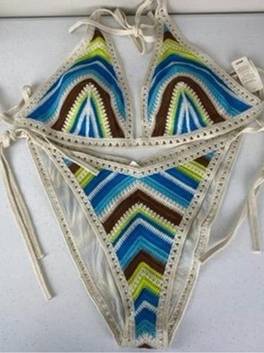 Aerie Crochet Bikini Swimsuit Cheekiest
Halter Triangle Tie Striped Size XL NWT